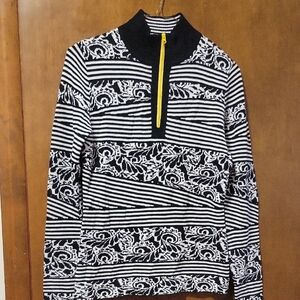 Title Nine Black White Stripe Quarter Zip Washable Wool Sweater XS